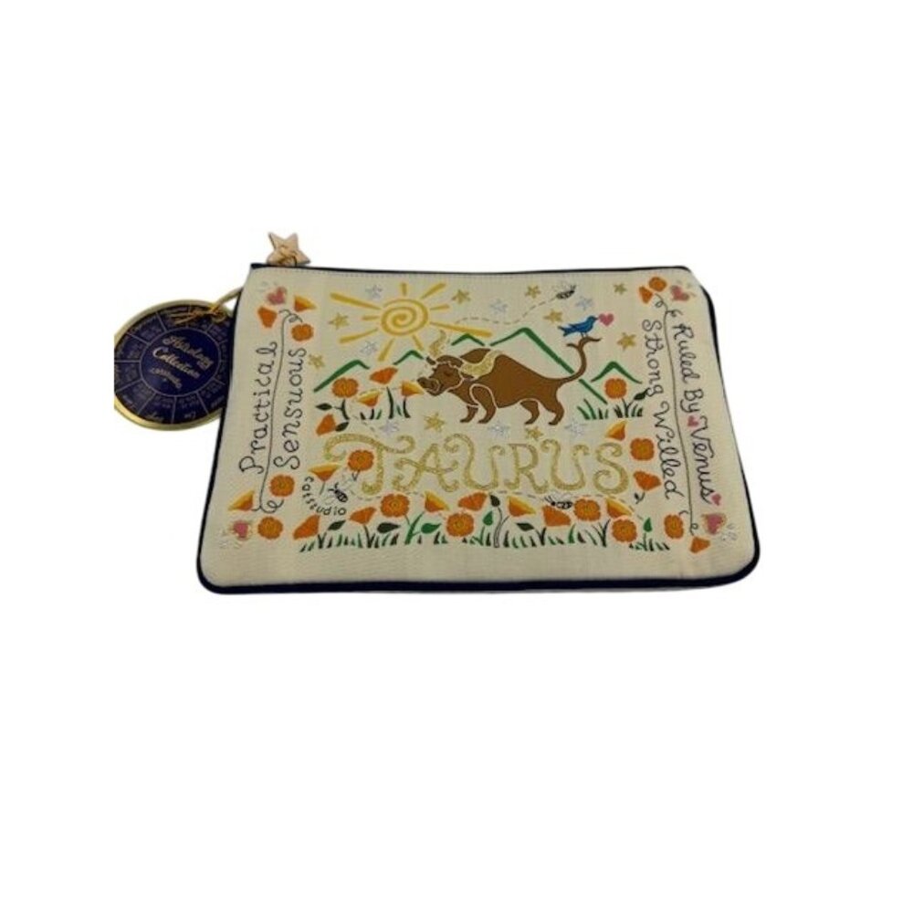 Taurus Zodiac Embroidered Canvas Pouch by Catstudio 8"Wx5.5"H